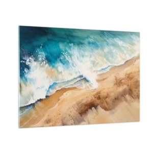 Obraz na skle - Pohled z ptačí perspektivy na modrou mořskou vlnu narážející na písečné pobřeží - 70x50cm - Vlna, která se vrací - Moderní nástěnná dekorace do obývacího pokoje a ložnice ARTTOR