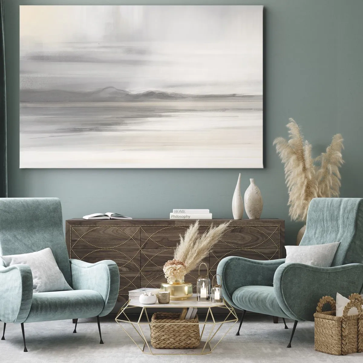 Obraz na plátně - Jemná krajina v odstínech šedé a béžové - 70x50cm - Zamyšlená dálka - Moderní nástěnná dekorace do obývacího pokoje a ložnice ARTTOR