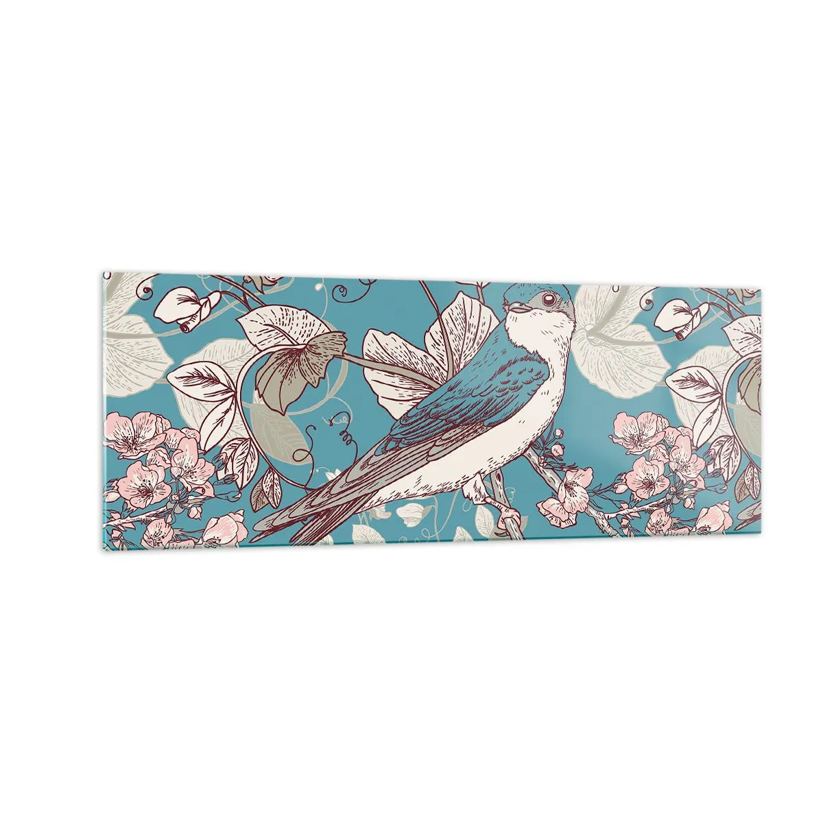 Obraz na skle - Na bílém stromě ptáci a stříbrné listí - 140x50 cm