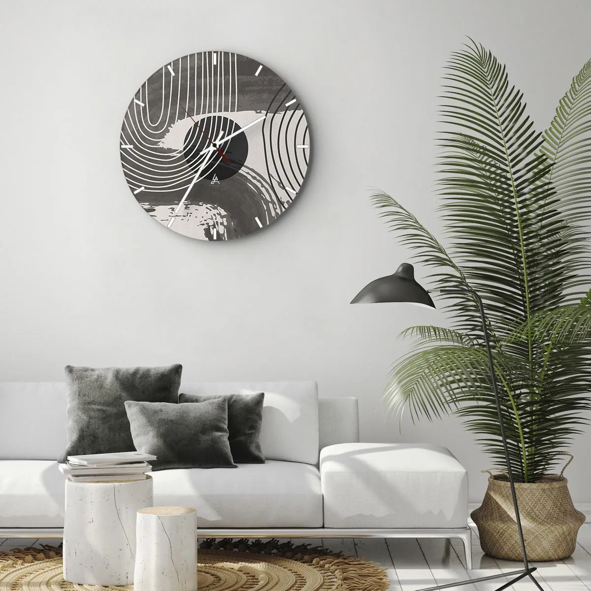 Nástěnné hodiny - Černobílé čáry ve vlnitém rytmu obklopující černý kruh - 30x30cm - Ovál vítězí - Moderní nástěnná dekorace do obývacího pokoje, kuchyně a ložnice ARTTOR