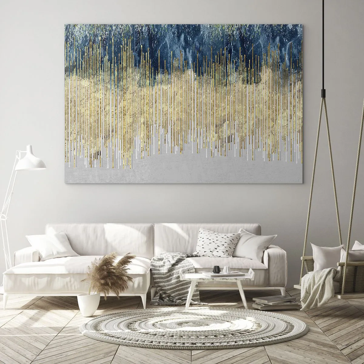 Obraz na skle - Zlaté svislé čáry na tmavě modrém lesním pozadí - 70x50cm - Zlacená hranice - Moderní nástěnná dekorace do obývacího pokoje a ložnice ARTTOR
