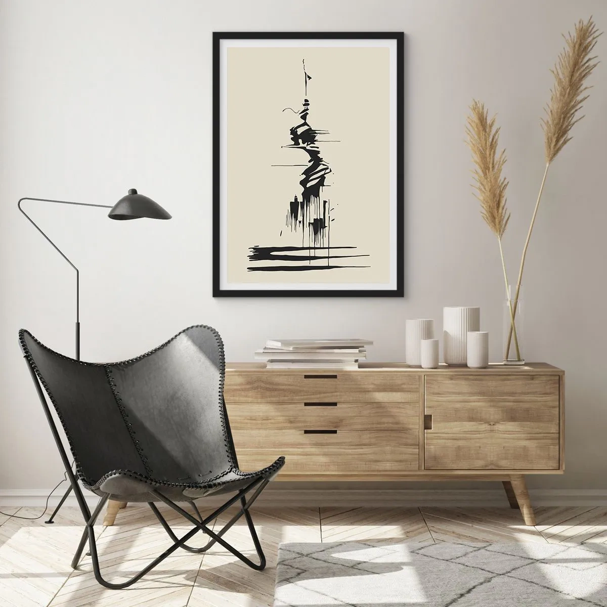 Plakát v černém rámu - Abstraktní kresba postavy na vlnitém pozadí. - 50x70cm - Spěšná abstrakce - Moderní nástěnná dekorace do obývacího pokoje a ložnice ARTTOR