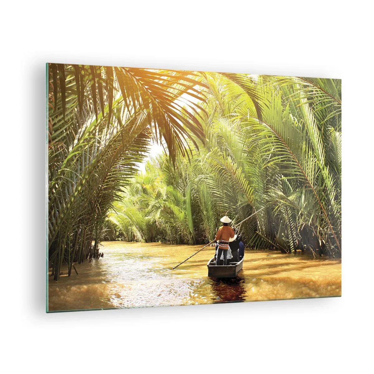 Obraz na skle - Loď s mužem veslujícím pluje roklí lemovanou palmami - 70x50cm - Palmovou souteškou - Moderní nástěnná dekorace do obývacího pokoje a ložnice ARTTOR