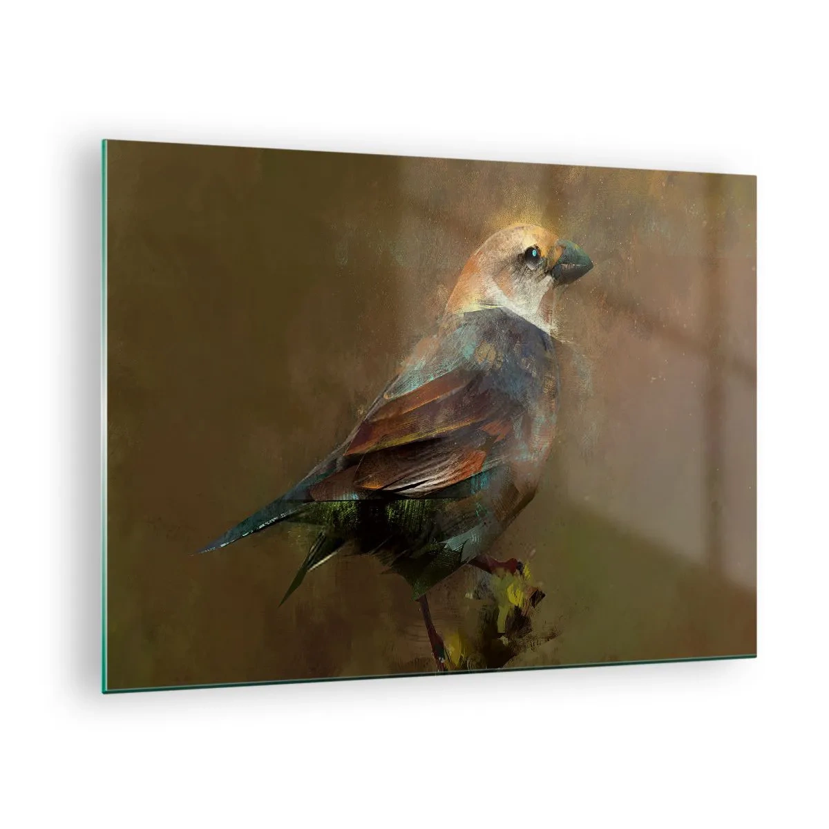 Obraz na skle - Vrabec v uměleckém, malířském stylu na neutrálním pozadí - 70x50cm - Vrabček, maličký ptáček - Moderní nástěnná dekorace do obývacího pokoje a ložnice ARTTOR