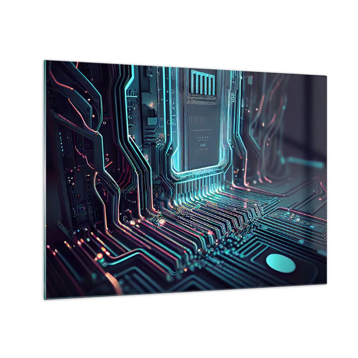 Obraz na skle - Neonová vizualizace stop procesoru na černém pozadí - 70x50cm - Jen tak přemýšlím… - Moderní nástěnná dekorace do obývacího pokoje a ložnice ARTTOR