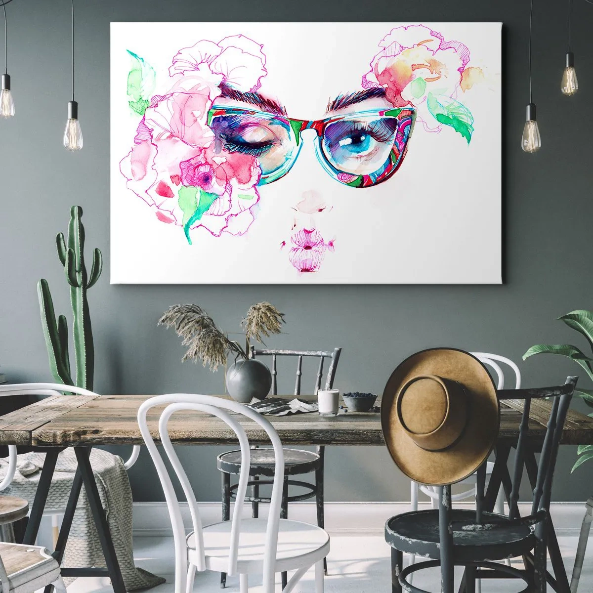 Obraz na plátně - Akvarelový obličej s barevnými brýlemi a květinami - 70x50cm - Svůdný slib - Moderní nástěnná dekorace do obývacího pokoje a ložnice ARTTOR
