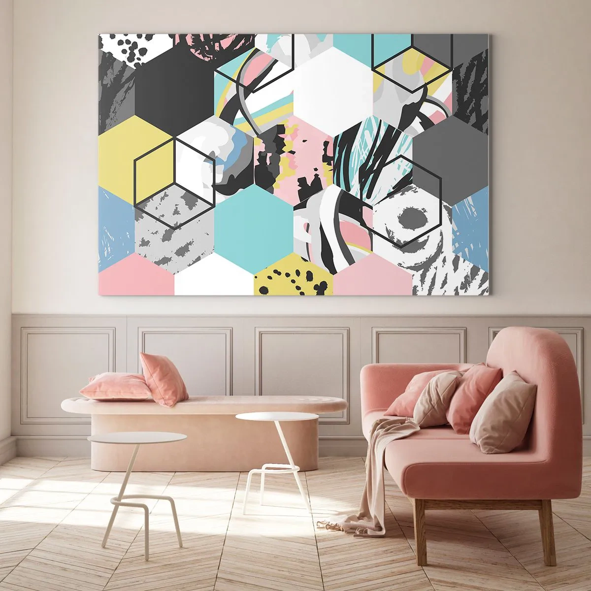 Obraz na skle - Barevné kostky a šestiúhelníky v moderní kompozici - 70x50cm - Šestiúhelníky a krychle v šesti barvách - Moderní nástěnná dekorace do obývacího pokoje a ložnice ARTTOR