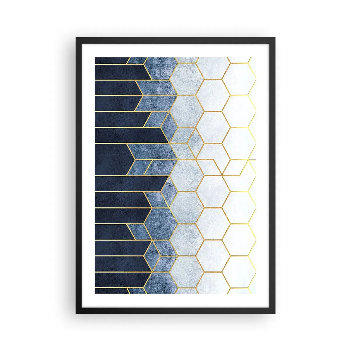 Plakát v černém rámu - Geometrická kompozice v odstínech tmavě modré a zlaté s šestiúhelníky - 50x70cm - Kompozice v synkopickém rytmu - Moderní nástěnná dekorace do obývacího pokoje a ložnice ARTTOR