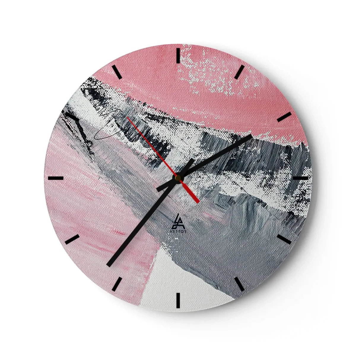 Nástěnné hodiny - Růžová a šedá abstrakce s dynamickými tahy štětcem - 30x30cm - Sladěná kompozice - Moderní nástěnná dekorace do obývacího pokoje, kuchyně a ložnice ARTTOR