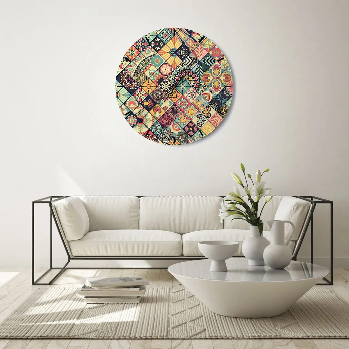 Nástěnné hodiny - Barevný patchworkový motiv s geometrickými vzory - 30x30cm - Marokánská vize - Moderní nástěnná dekorace do obývacího pokoje, kuchyně a ložnice ARTTOR