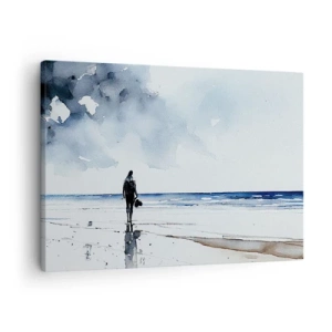 Obraz na plátně - Postava na pláži v klidném mořském prostředí - 70x50cm - Rozhovor s mořem - Moderní nástěnná dekorace do obývacího pokoje a ložnice ARTTOR