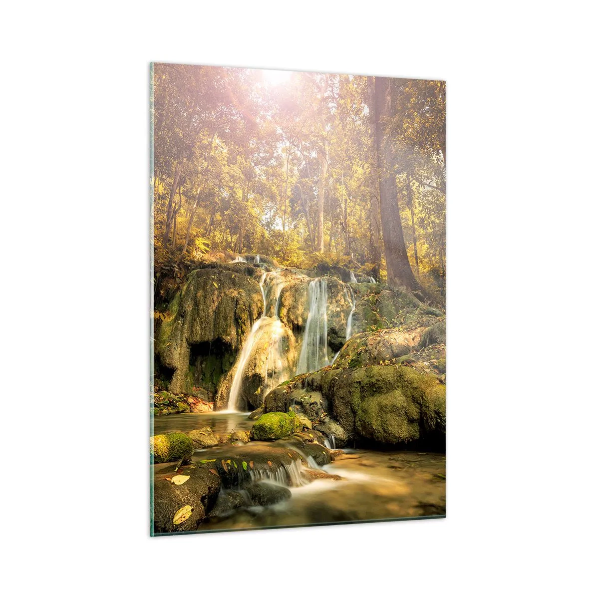 Obraz na skle - Lesní vodopád v zelené - 50x70 cm