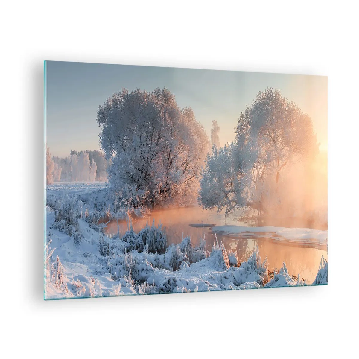 Obraz na skle - Zimní krajina se zamrzlým jezerem a ranní mlhou - 70x50cm - Vše se leskne ve slunečním krystalu - Moderní nástěnná dekorace do obývacího pokoje a ložnice ARTTOR