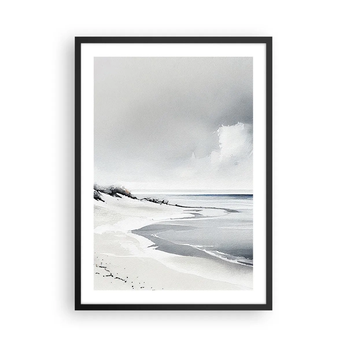 Plakát v černém rámu - Minimalistická pláž v odstínech šedé - 50x70cm - Vždycky spolu - Moderní nástěnná dekorace do obývacího pokoje a ložnice ARTTOR