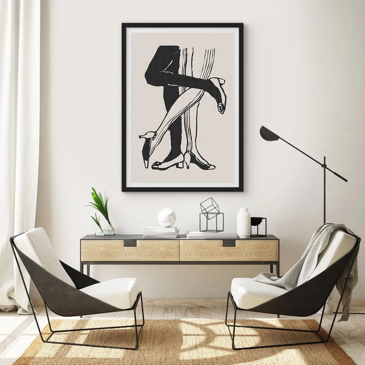 Plakát v černém rámu - Černobílé ilustrace propletených nohou tančících - 50x70cm - Ženský atribut - Moderní nástěnná dekorace do obývacího pokoje a ložnice ARTTOR