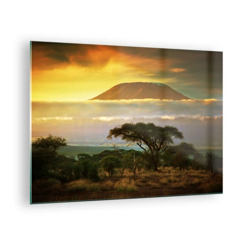 Obraz na skle - Kilimandžáro obklopené mraky na pozadí africké savany - 70x50cm - Sen cestovatele - Moderní nástěnná dekorace do obývacího pokoje a ložnice ARTTOR