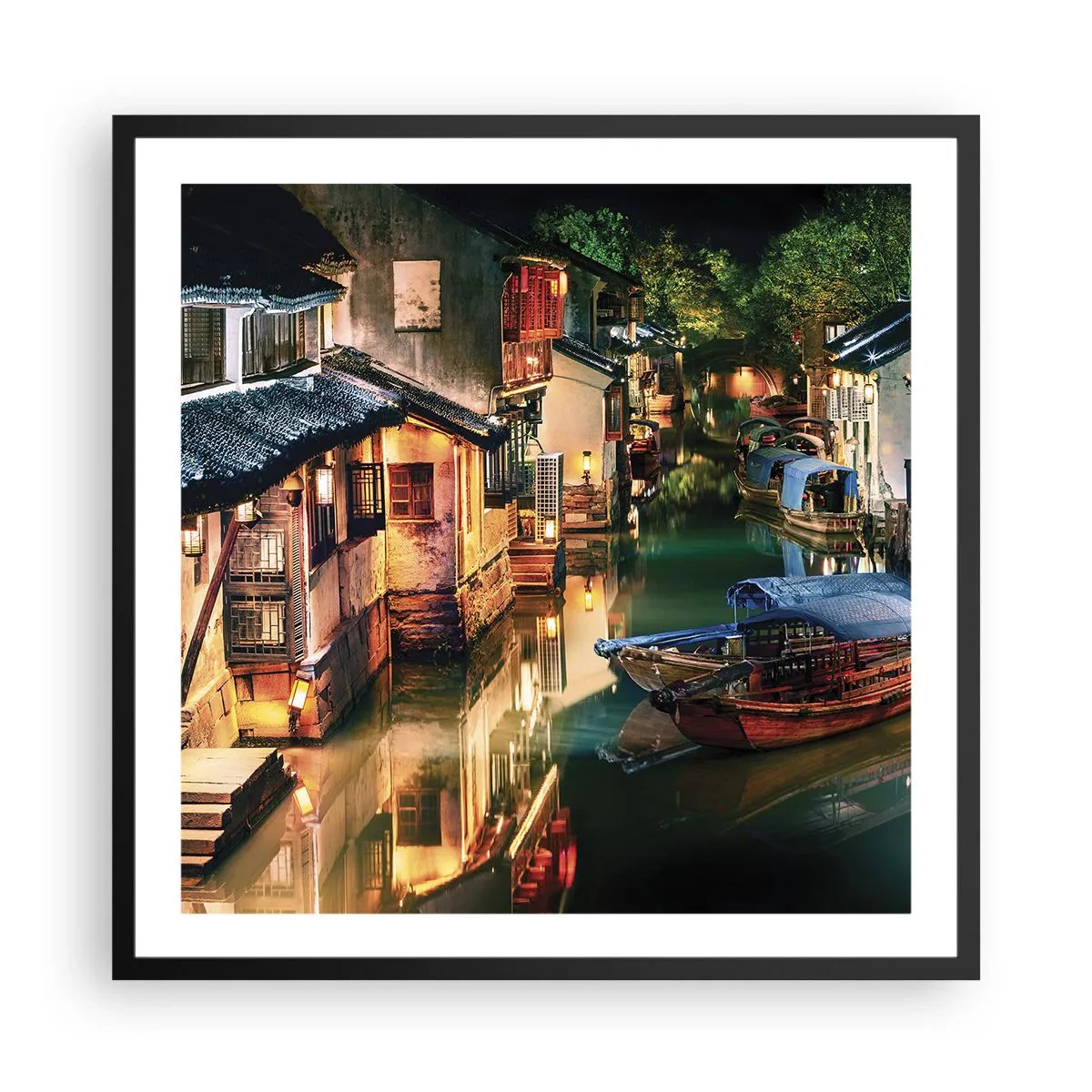 Plakát v černém rámu - Večer na čínské ulici - 60x60 cm
