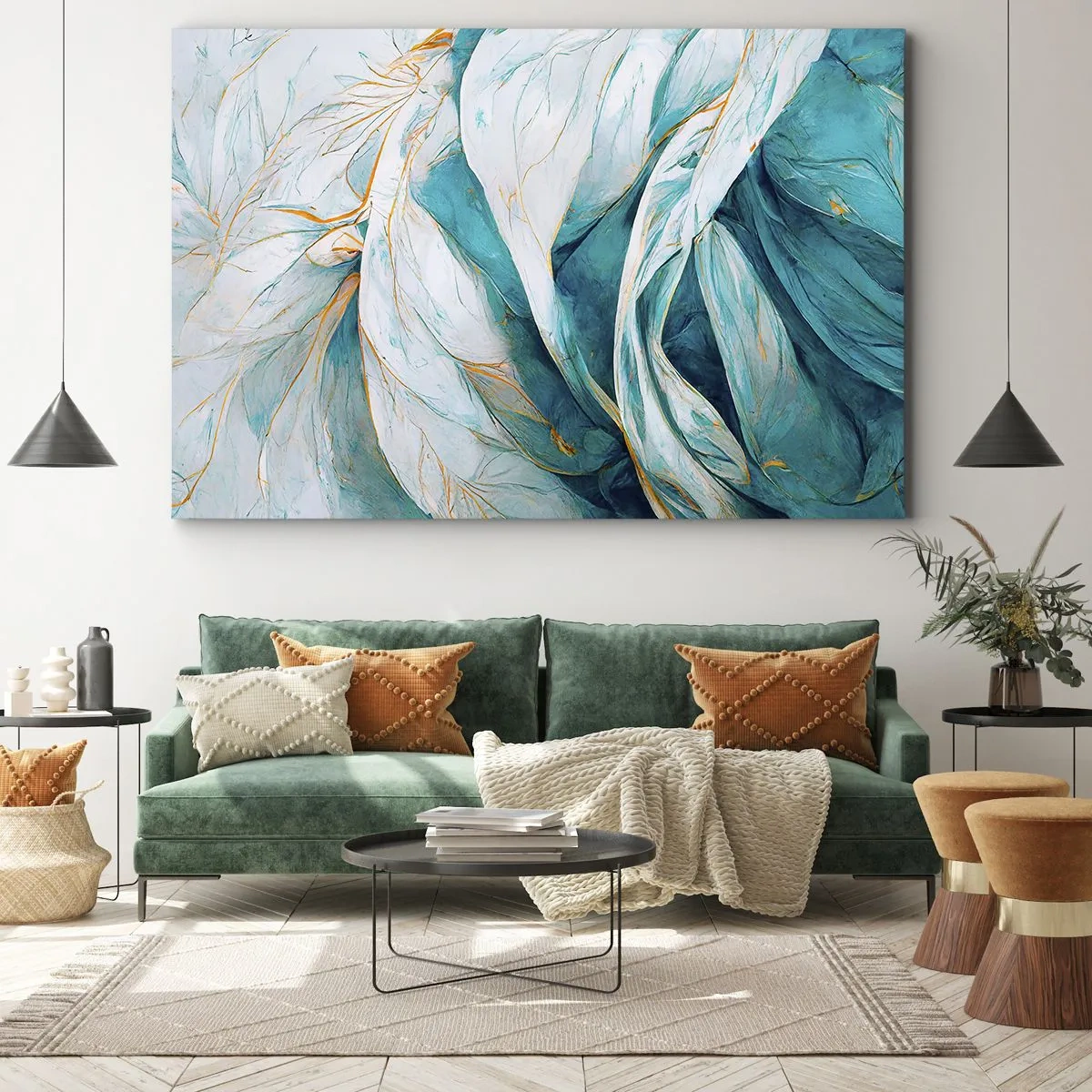 Obraz na plátně - Abstraktní modré listy se zlatými detaily - 70x50cm - Modrá abstrakce se zlatým motivem - Moderní nástěnná dekorace do obývacího pokoje a ložnice ARTTOR