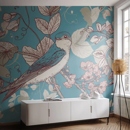 Fototapeta Standard Eco - Stylizovaný pták mezi květinami na modrém pozadí - 100x70cm - Na bílém stromě ptáci a stříbrné listí - Moderní nástěnná dekorace do obývacího pokoje a ložnice ARTTOR