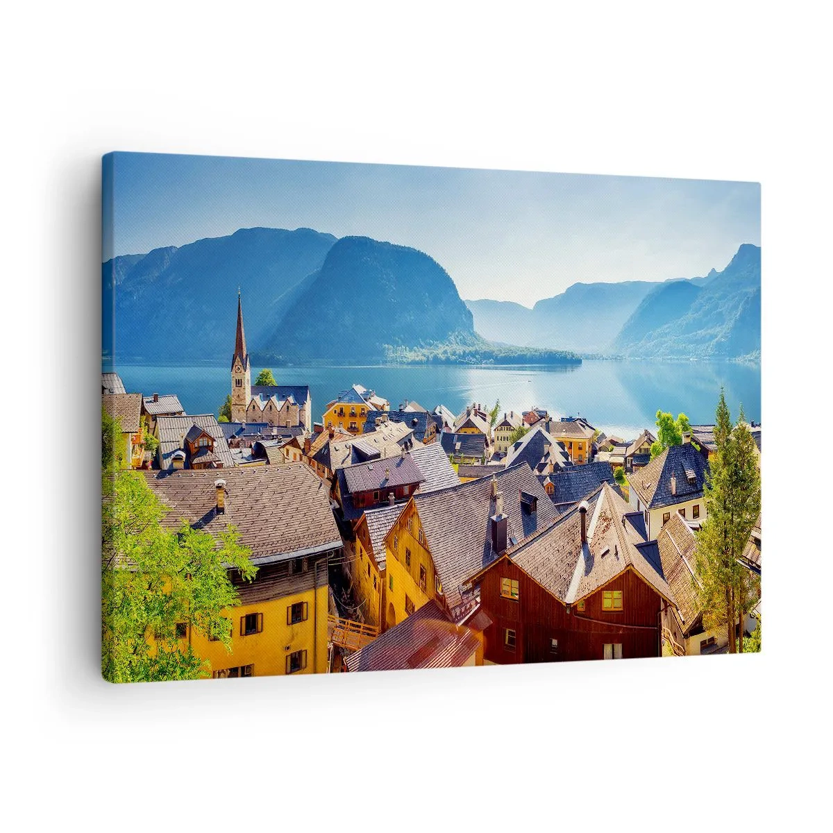 Obraz na plátně - Malebná vesnice u jezera obklopená horami za slunečného dne - 70x50cm - Víc malebně to nejde - Moderní nástěnná dekorace do obývacího pokoje a ložnice ARTTOR
