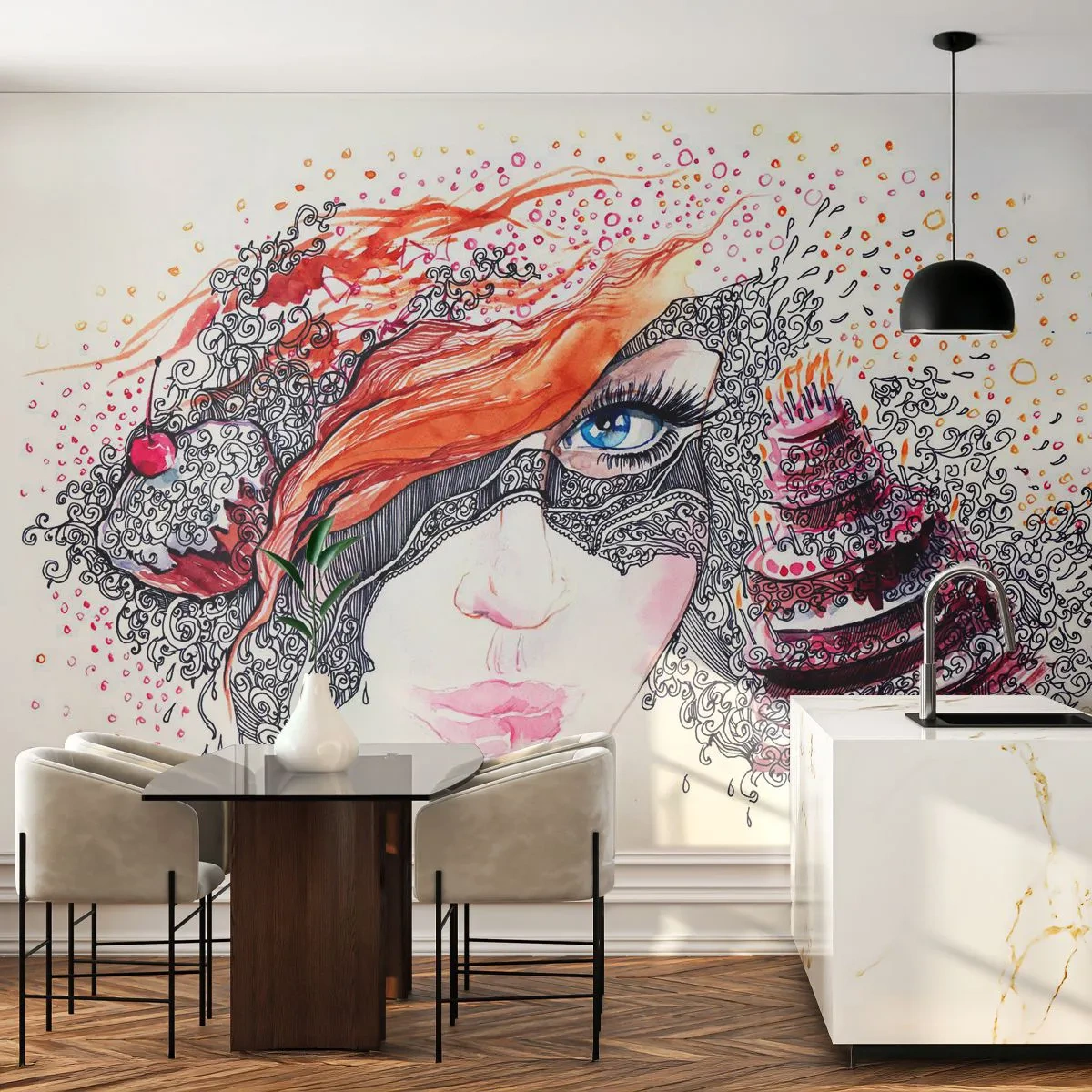 Fototapeta Samolepicí Deluxe Sticker - S ní je každý den svátek - Abstrakce, ženská tvář, Dort - 250x175 cm