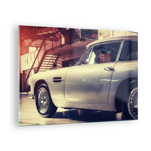 Obraz na skle - Klasické auto v elegantním interiéru garáže - 70x50cm - Klasika nestárne - Moderní nástěnná dekorace do obývacího pokoje a ložnice ARTTOR