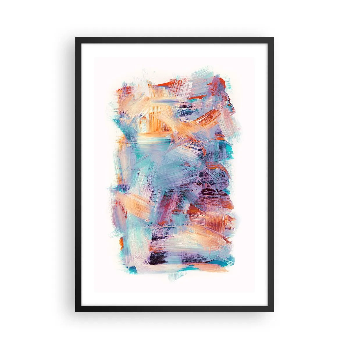 Plakát v černém rámu - Expresivní abstrakce v odstínech oranžové a modré - 50x70cm - Barevný nepořádek - Moderní nástěnná dekorace do obývacího pokoje a ložnice ARTTOR