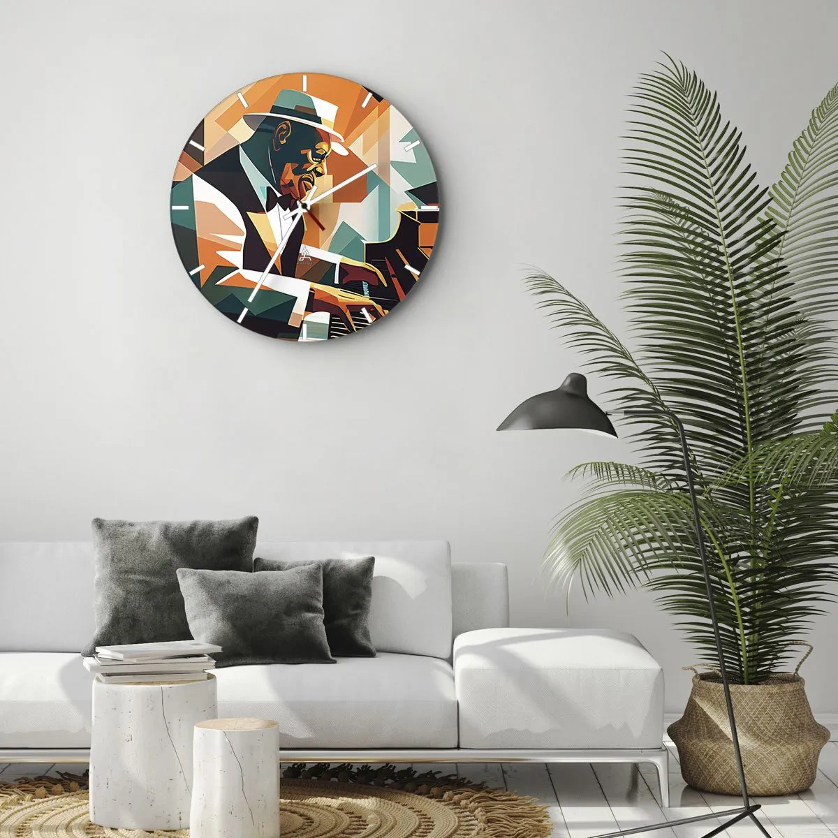 Nástěnné hodiny - Jazzový hudebník u klavíru v geometrickém stylu - 30x30cm - Celý tento jazz - Moderní nástěnná dekorace do obývacího pokoje, kuchyně a ložnice ARTTOR