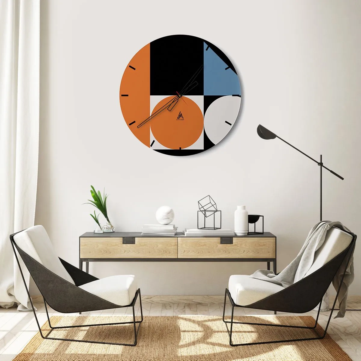 Nástěnné hodiny - Barevná geometrická kompozice s kruhy a obdélníky - 30x30cm - Figurínový systém - Moderní nástěnná dekorace do obývacího pokoje, kuchyně a ložnice ARTTOR
