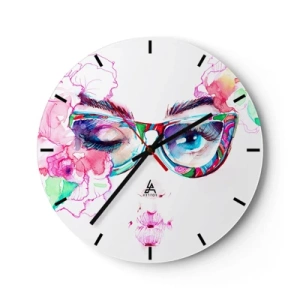 Nástěnné hodiny - Akvarelový portrét s barevnými brýlemi a květinami - 30x30cm - Svůdný slib - Moderní nástěnná dekorace do obývacího pokoje, kuchyně a ložnice ARTTOR
