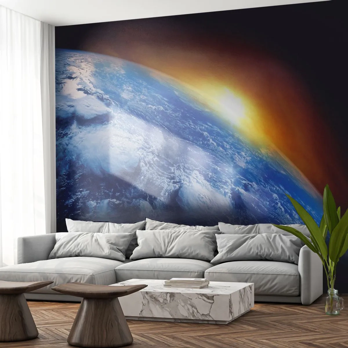Fototapeta Samolepicí Deluxe Sticker - Východ slunce nad modrou planetou - Abstrakce, 3D, Kosmos - 250x175 cm