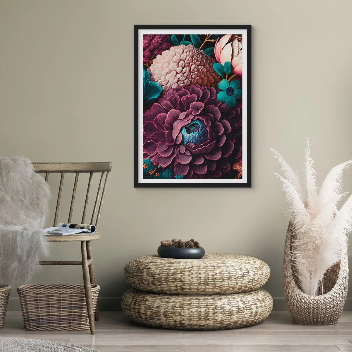 Plakát v černém rámu - Květinové aranžmá v tmavých odstínech - 50x70cm - Úroda přírody - Moderní nástěnná dekorace do obývacího pokoje a ložnice ARTTOR