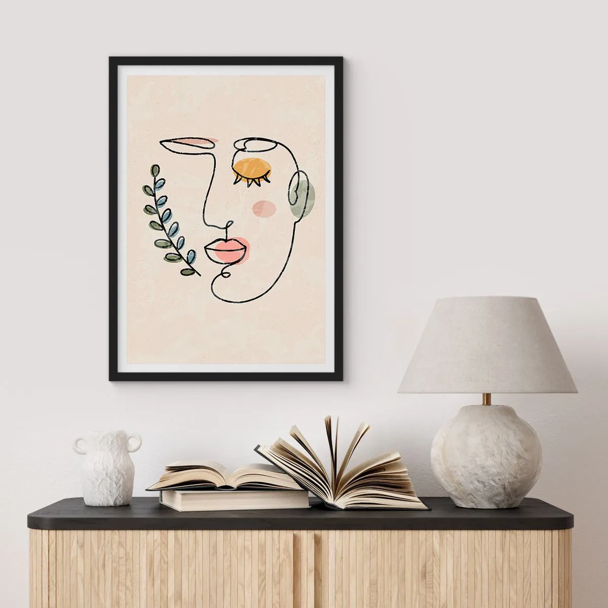Plakát v černém rámu - Minimalistický liniový portrét ženy na béžovém pozadí - 50x70cm - Nalezený klid - Moderní nástěnná dekorace do obývacího pokoje a ložnice ARTTOR