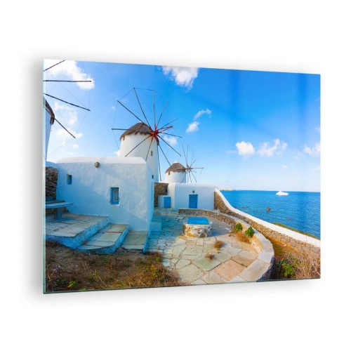 Obraz na skle - Větrné mlýny na pobřeží Egejského moře - 70x50cm - Modrý vítr od moře - Moderní nástěnná dekorace do obývacího pokoje a ložnice ARTTOR