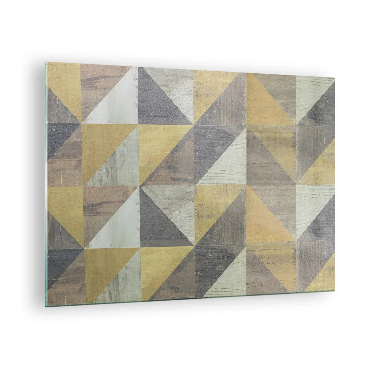 Obraz na skle - Geometrický vzor trojúhelníků v tlumených barvách - 70x50cm - V úhlu trojúhelníku - Moderní nástěnná dekorace do obývacího pokoje a ložnice ARTTOR