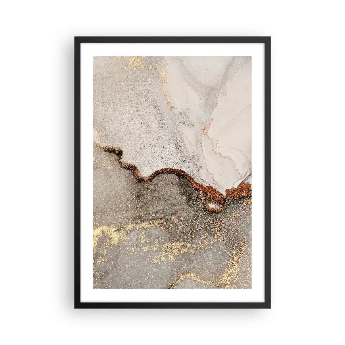 Plakát v černém rámu - Abstraktní mramorový vzor se zlatými a měděnými akcenty - 50x70cm - Na hranici barev - Moderní nástěnná dekorace do obývacího pokoje a ložnice ARTTOR