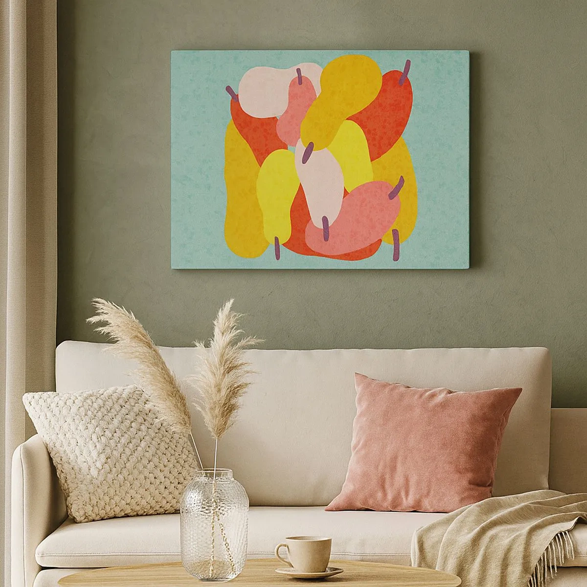 Obraz na plátně - Barevné abstraktní hrušky na zeleném pozadí - 70x50cm - Ochutnejte letní slunce - Moderní nástěnná dekorace do obývacího pokoje a ložnice ARTTOR