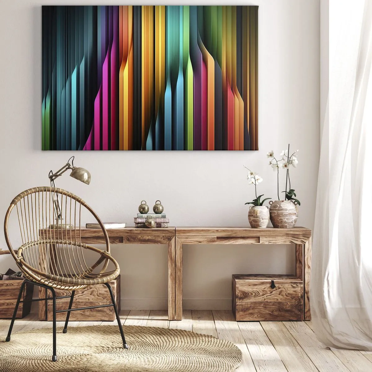 Obraz na plátně - Barevné svislé čáry vytvářejí dynamickou abstrakci. - 70x50cm - Světelné varhany - Moderní nástěnná dekorace do obývacího pokoje a ložnice ARTTOR