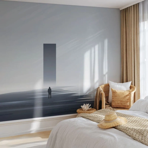 Fototapeta Standard Eco - Minimalistická krajina s postavou před monolitem - 100x70cm - Příležitost nebo hrozba? - Moderní nástěnná dekorace do obývacího pokoje a ložnice ARTTOR