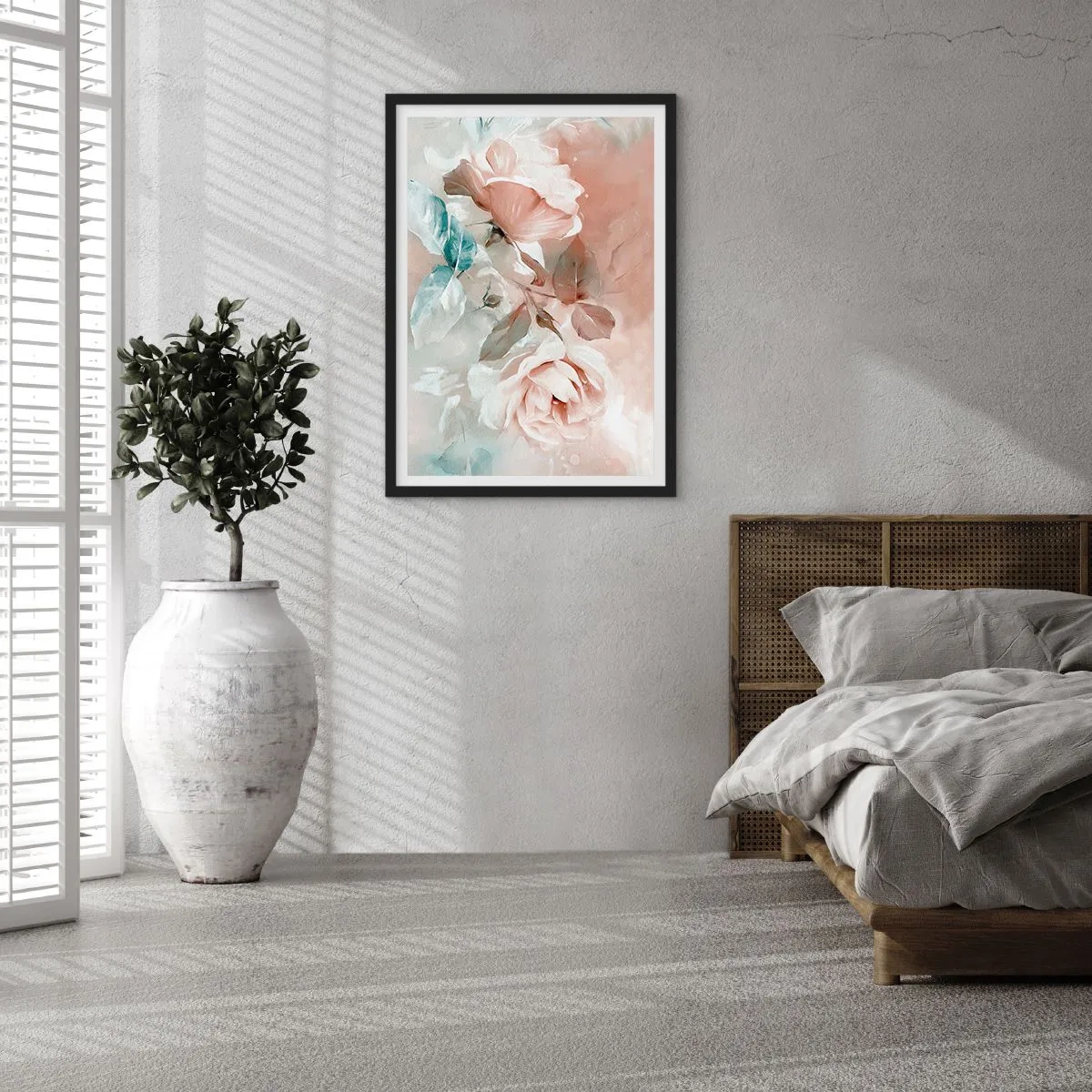 Plakát v černém rámu - Malířská kompozice růží v pastelových odstínech - 50x70cm - Duch romantismu - Moderní nástěnná dekorace do obývacího pokoje a ložnice ARTTOR