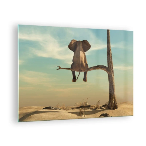Obraz na skle - Slon na větvi stromu v surrealistickém prostředí - 70x50cm - Nový úhel pohledu - Moderní nástěnná dekorace do obývacího pokoje a ložnice ARTTOR