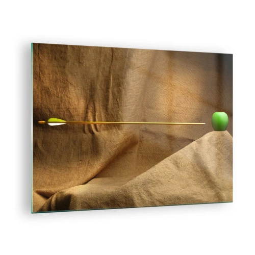 Obraz na skle - Zelené jablko na béžovém pozadí s propíchnutým šípem. - 70x50cm - Přivolat ducha Wilhelma Tella - Moderní nástěnná dekorace do obývacího pokoje a ložnice ARTTOR