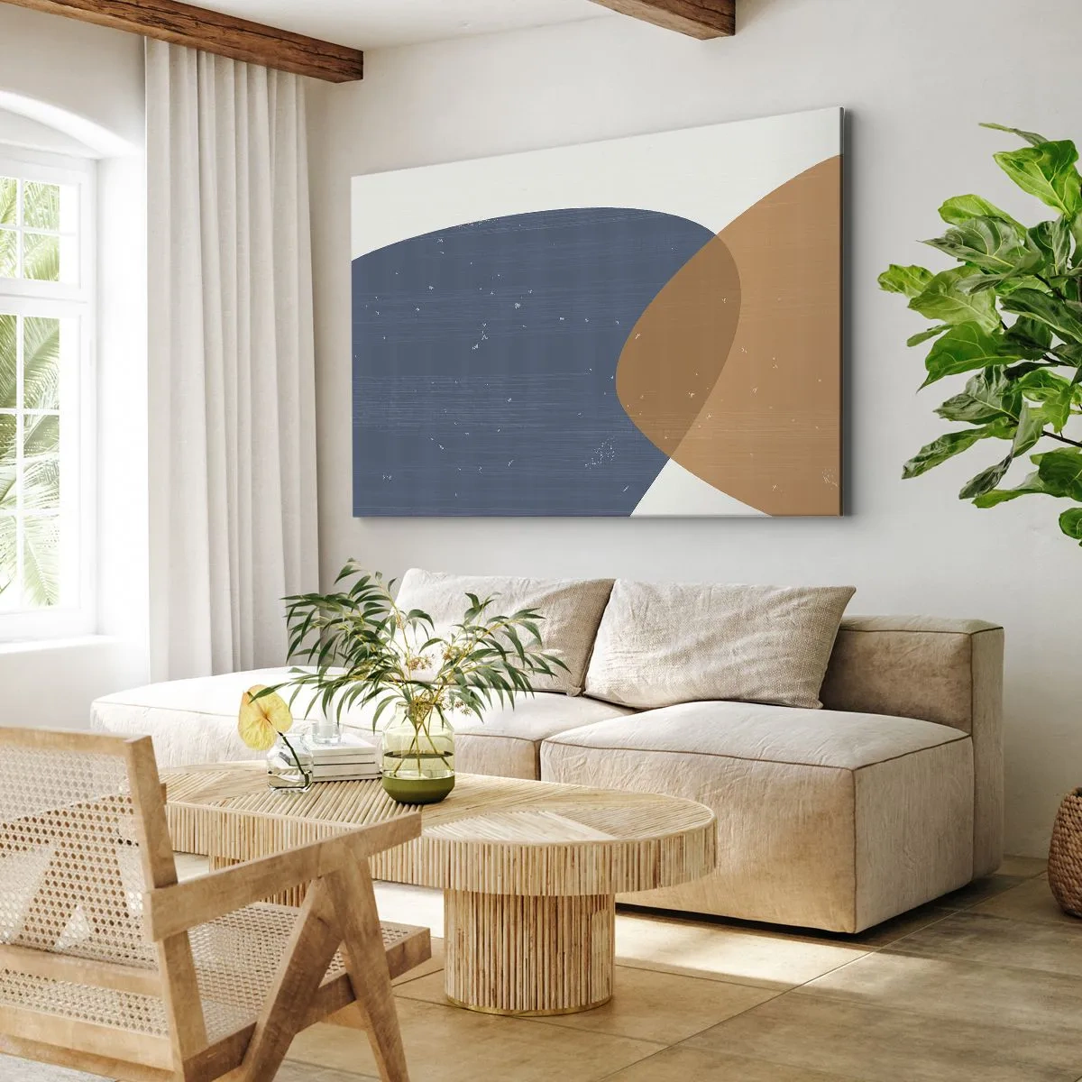 Obraz na plátně - Minimalistická geometrická kompozice v odstínech modré a oranžové. - 70x50cm - Ovály a vlivy - Moderní nástěnná dekorace do obývacího pokoje a ložnice ARTTOR