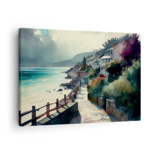 Obraz na plátně - Pobřežní promenáda s domy a vegetací - 70x50cm - Středomořské městečko - Moderní nástěnná dekorace do obývacího pokoje a ložnice ARTTOR