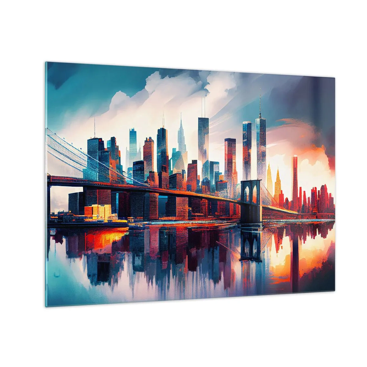 Obraz na skle - Panorama města s mostem proti barevné obloze a odrazem ve vodě - 70x50cm - Famózní New York - Moderní nástěnná dekorace do obývacího pokoje a ložnice ARTTOR
