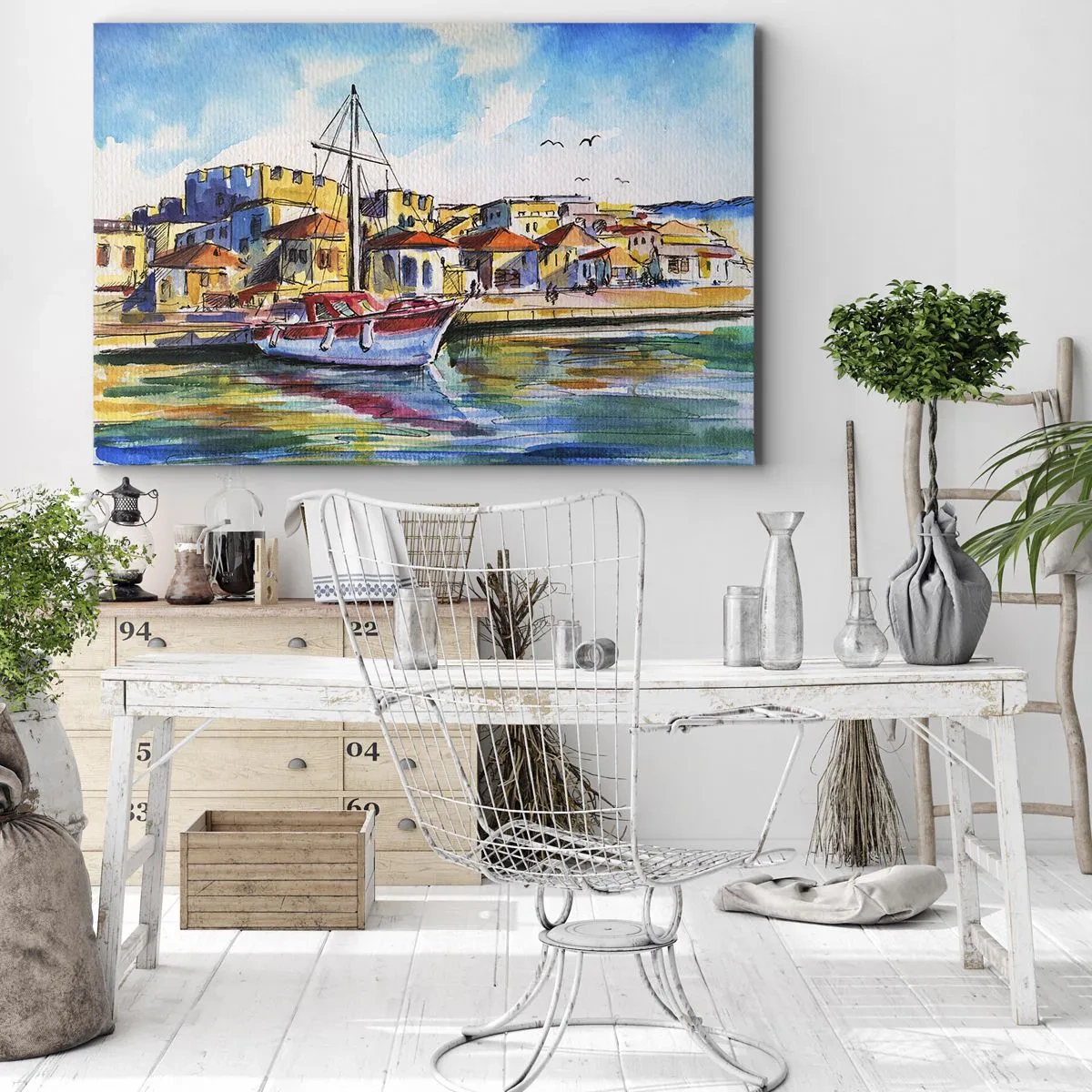 Obraz na plátně - Malebný přístav s lodí a barevnými budovami - 70x50cm - Duhové odpoledne - Moderní nástěnná dekorace do obývacího pokoje a ložnice ARTTOR