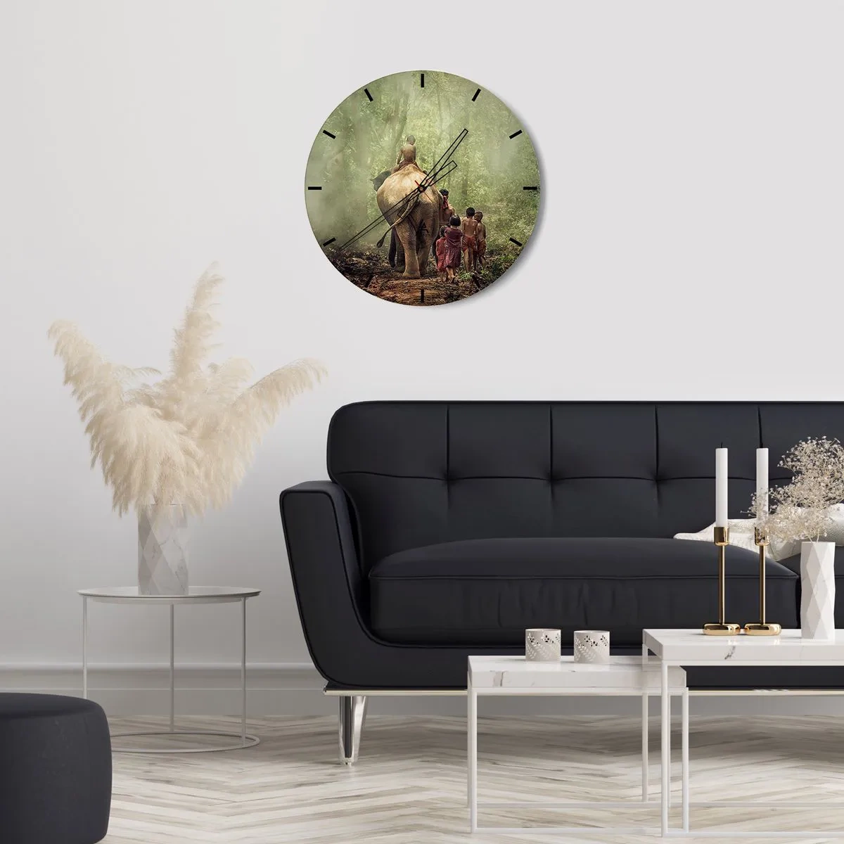 Nástěnné hodiny - Děti a slon v hustém lese ráno - 30x30cm - Nová Kniha džunglí - Moderní nástěnná dekorace do obývacího pokoje, kuchyně a ložnice ARTTOR