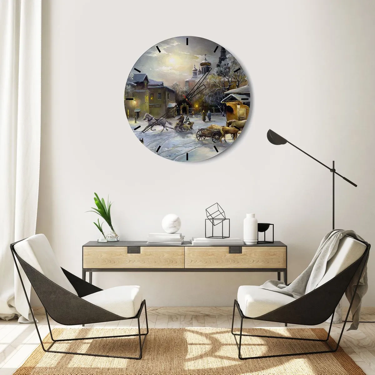 Nástěnné hodiny - Zimní krajina s koňmi a kostelem v pozadí - 30x30cm - Kouzlo ruské zimy - Moderní nástěnná dekorace do obývacího pokoje, kuchyně a ložnice ARTTOR