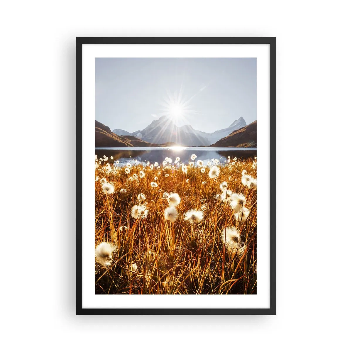 Plakát v černém rámu - Louka s bílými květy proti jezeru a horám při západu slunce - 50x70cm - Tvrdost skal, měkkost trav - Moderní nástěnná dekorace do obývacího pokoje a ložnice ARTTOR