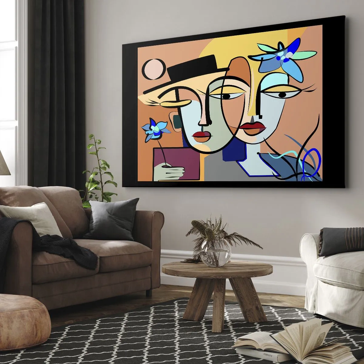 Obraz na plátně - Kubistické portréty v zářivých barvách s květinovým motivem - 70x50cm - Picassovo randez vous - Moderní nástěnná dekorace do obývacího pokoje a ložnice ARTTOR